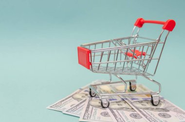 Kırmızı alışveriş arabası mavi arka plandaki dolar banknotlarının üzerinde duruyor. Çevrimiçi alışveriş kavramı, online alışveriş. Boşluğu kopyala