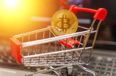 Kırmızı sepetteki altın bitcoin bir dizüstü bilgisayarın üzerinde duruyor. Modern teknoloji kavramı