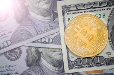Dolar banknotları ve arka planda bitcoin 