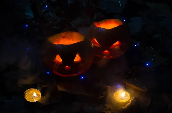 Dos Calabazas Brillantes Bosque Oscuro Velas Encendidas Alrededor Hermoso Fondo —  Fotos de Stock