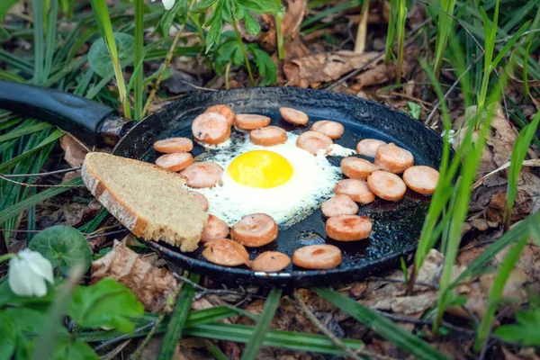 Frigideira Com Ovos Salsicha Pedaço Pão Fica Chão Entre Grama — Fotografia de Stock