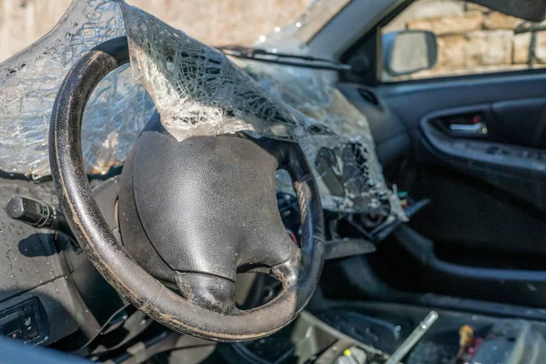 Completely Destroyed Car Windshield Broken Lies Car — Stock Photo, Image