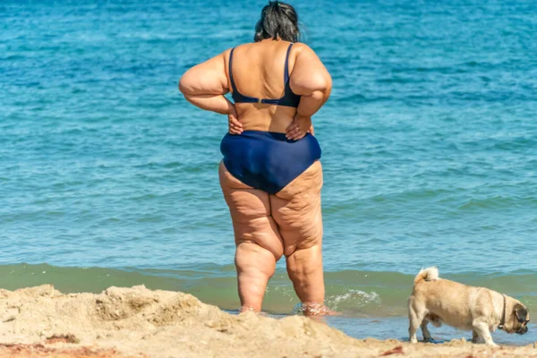 Παχουλή Γυναίκα Μαγιό Στέκεται Στην Παραλία Ένα Σκυλάκι Και Βλέπει — Φωτογραφία Αρχείου