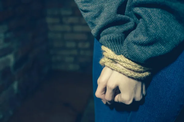 Hands Bound Girl Close Concept Kidnapping Violence Copy Space — Stock Photo, Image