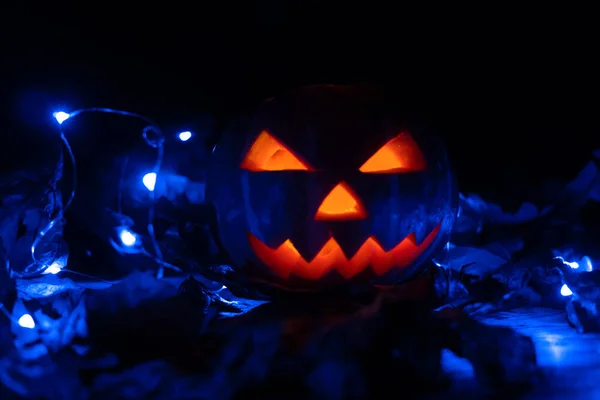 Светящаяся Тыква Темноте Голубыми Огнями Осенними Листьями Фоном Хэллоуина Пространство — стоковое фото
