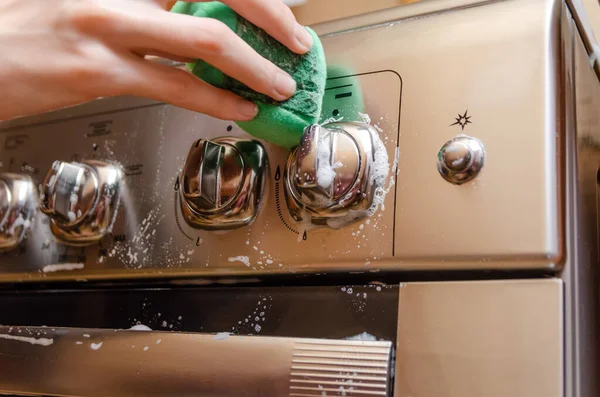 Kadının eli yeşil bir süngeri gri paslanmaz çelik gaz sobasının düğme kolunda köpükle yıkıyor. Daireyi temizliyorum.