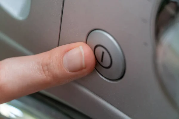 Woman Finger Presses Button Turn Washing Machine Close — Stock Photo, Image