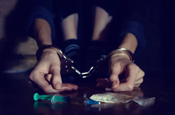 Syringe Drugs Defocused Man Sitting Floor His Hands Locked Handcuffs — Stock Photo, Image