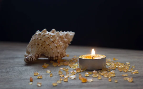 Seashell Sea Salt Burning Candle Wooden Table — Stock Photo, Image