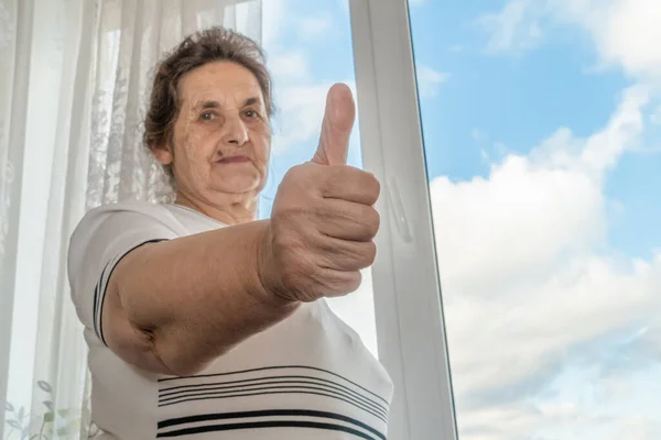 Elderly Dark Haired Woman Raised Finger Her Right Hand Background — Stock Photo, Image
