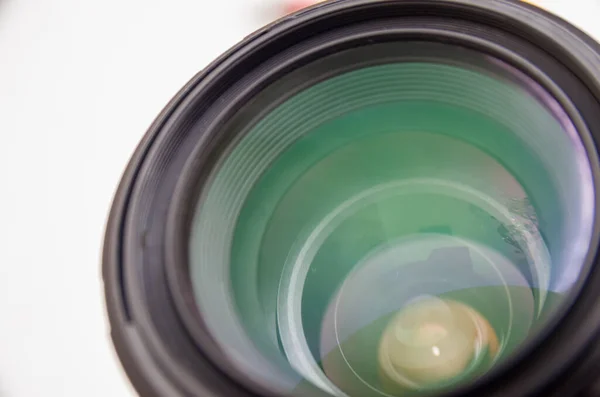 Lente Foto Lente Vídeo Perto Fundo Branco Objetivo Conceito Para — Fotografia de Stock