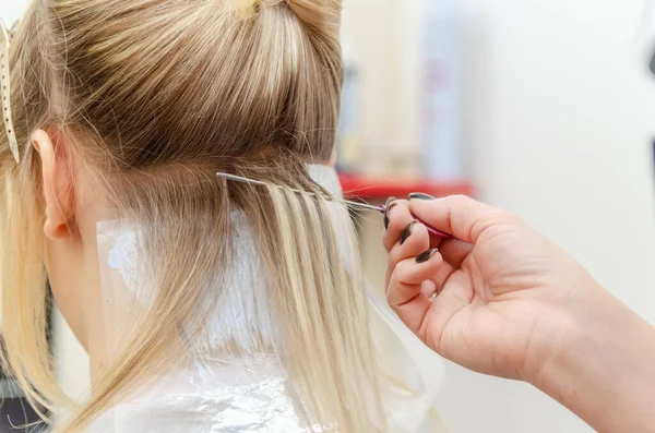 Cabeleireiro Distribui Cabelo Fios Para Tingir Cabelo — Fotografia de Stock