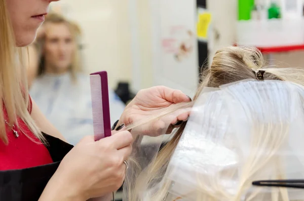 Cabeleireiro Distribui Cabelo Fios Para Tingir Cabelo — Fotografia de Stock