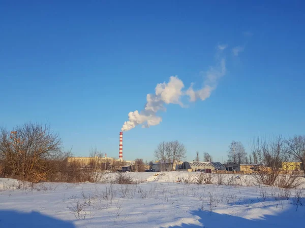 Soğuk Kış Manzarasında Dumanlı Fabrika Boruları Dumanlı Borular Enerji Endüstrisi — Stok fotoğraf