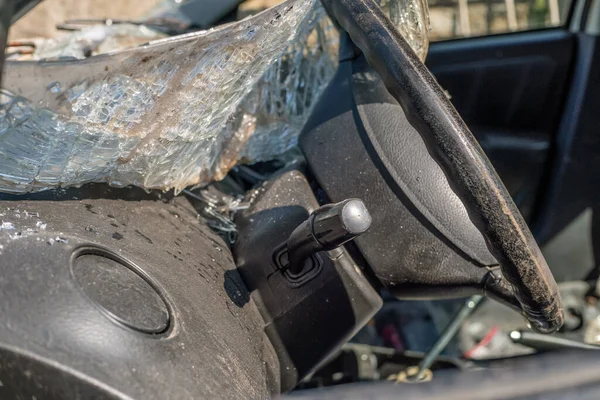 Completely Destroyed Car Windshield Broken Lies Car — Stock Photo, Image