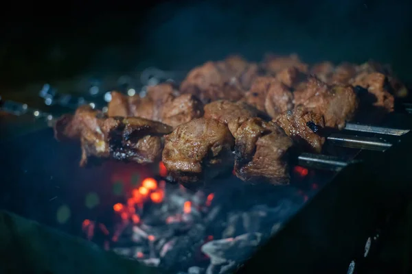 Close Kebab Grelhado Espetos Grelha Noite — Fotografia de Stock