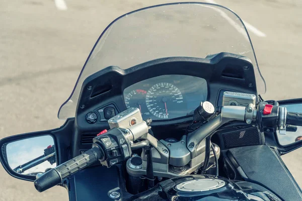 Magnifique Élégant Panneau Commande Volant Une Moto Moderne Bout Portant — Photo