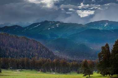 fırtına bulutları dağların üst kısımları üzerinde ormanla kaplı