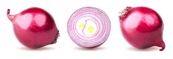 孤立した赤玉ねぎ 新鮮な玉ねぎのスライスと丸ごと玉ねぎクリッピング パスと白い背景で隔離のコレクション — ストック写真