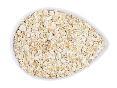 İzole yulaf gevreği. Yulaf gevreği kırpma yolu ile beyaz arka plan üzerinde izole kase. Üstten görünüm.