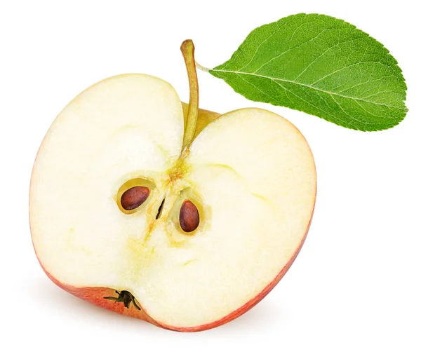 熟した赤いリンゴ半分フルーツ白い背景に分離されました クリッピング パスの葉と赤い果実の半分 — ストック写真