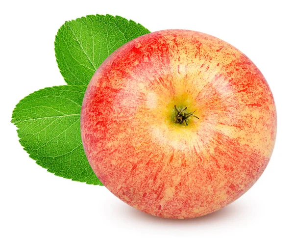 孤立したリンゴの果実 クリッピングパスを持つ白い背景に隔離された緑色の葉を持つ1つの全体のアップル — ストック写真