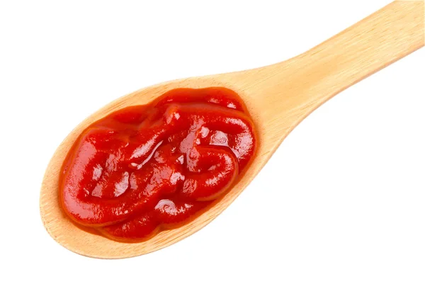 Odizolowane Ketchup Pomidorowy Sos Pomidorowy Drewniana Łyżka Ketchupem Pomidorowym Białym — Zdjęcie stockowe