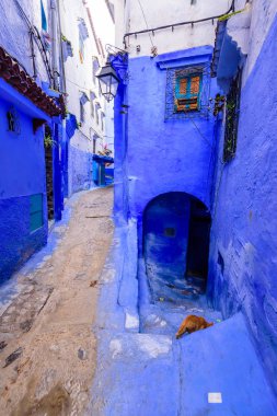 Chefchaouen, Fas - 13 Aralık 2018 Fas turu. Chefchaouen kasabasının güzel mavi Medina 'sı. Geleneksel mavi cadde