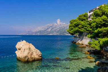 Resimli Adriyatik kıyısı. Brela tatil köyündeki körfez turkuaz suyla, Brela kasabası, Dalmaçya bölgesi, Hırvatistan