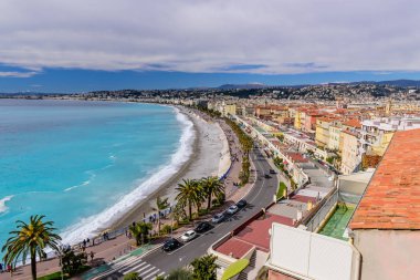 Nice, Cote d'azur, Fransa - 7 Mart 2018: Nice, Fransa'nın güzel panoramik havadan görünümü. Fransız rivierası lüks tatil. Akdeniz'in ön görünümü, Melekler Körfezi