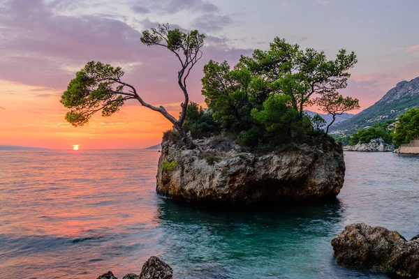 Brela Stone (Kamen Brela) - Hırvatistan 'da popüler bir doğal cazibe olan Brela' nın sembolü. Brela Stone 'un güzel günbatımı manzarası, Punta Rata plajı, Hırvatistan' ın Makarska Rivierası