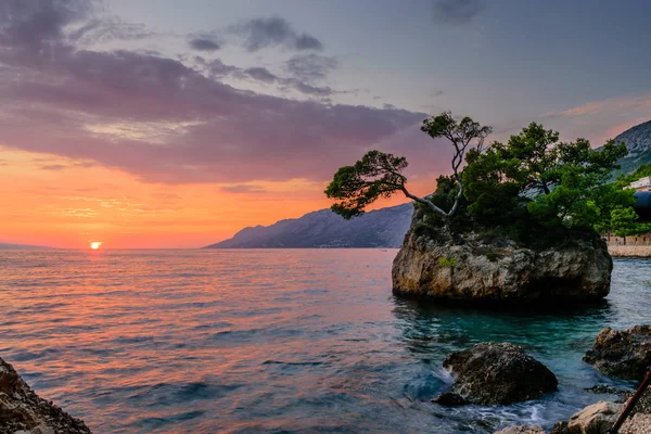 Brela Stone (Kamen Brela) - Hırvatistan 'da popüler bir doğal cazibe olan Brela' nın sembolü. Brela Stone 'un güzel günbatımı manzarası, Punta Rata plajı, Hırvatistan' ın Makarska Rivierası