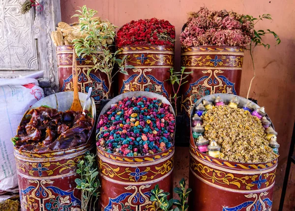 Marrakech Marruecos Diciembre 2018 Colorido Mercado Oriental Bolsas Especias Mercado — Foto de Stock