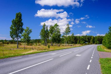 Bulutlar ile mavi gökyüzünün arka planda asfalt yol. Hiiumaa adasının tipik manzarası, Estonya