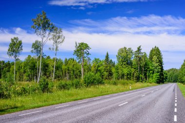 Bulutlar ile mavi gökyüzünün arka planda asfalt yol. Hiiumaa adasının tipik manzarası, Estonya