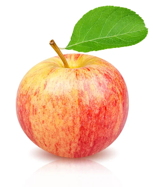 孤立したリンゴの果実 クリッピングパスを持つ白い背景に隔離された緑色の葉を持つ1つの全体のアップル — ストック写真