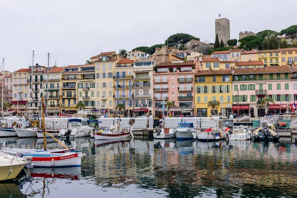 Cannes France March 2018 Harbor Boats Historic Buildings Centre Cannes — Stock Photo, Image