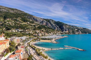 Kıyı şeridinin güzel hava manzarası. Fransız Rivierası, Cote d 'azur, Menton şehri, Fransa