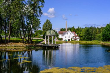 Palmse, Estonya - 30 Temmuz 2019: Estonya gezisi. Lahemaa Ulusal Parkı 'ndaki Palmse Malikanesi (Palmse mis) Müzesi. Güzel yaz manzarası. Göleti olan pitoresk bir park..