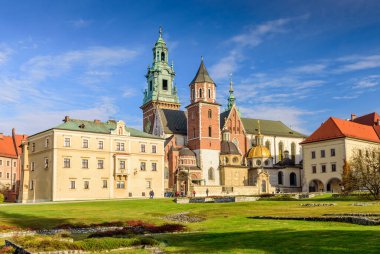 St. Stanislaw Katedrali ve St. Vaclav ve güneşli bir günde Wawel Tepesi 'ndeki kraliyet kalesi, Krakow, Polonya.