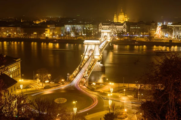 Budapeşte Panoraması Nda Geceleri Zincir Köprüsü Macaristan — Stok fotoğraf