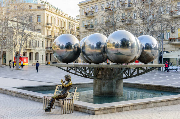 BAKU, AZERBAIJAN - FEBRUARY 24, 2017: Fountain Square - area of Square in the capital of Azerbaijan, Baku city. A popular tourist destination in the city centre.