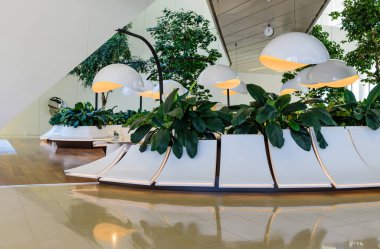 Bakü, Azerbaycan - 25 Şubat 2017: Bakü 'deki Heydar Aliyev Kültür Merkezi' nde bir kafenin modern iç mekanı. Kültür merkezi, mimar Zaha Hadid tarafından inşa edildi..