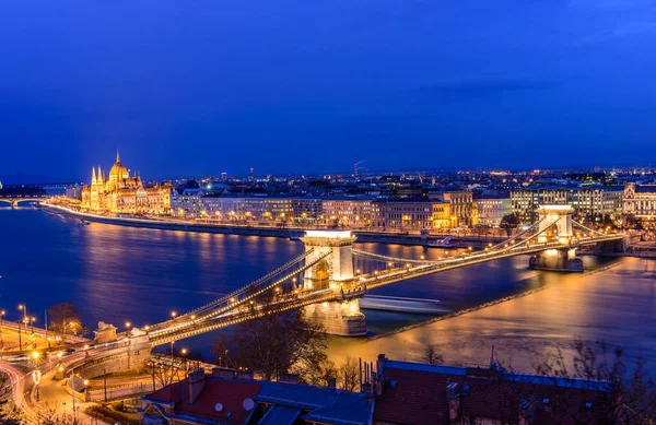 Gece Budapeşte Nin Hava Manzarası Macaristan Tarihi Yerleri Budapeşte Deki — Stok fotoğraf