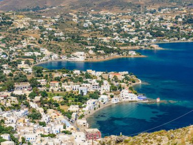 Agia Marina Köyü, Leros Adası, Dodecanese, Yunanistan 'ın pitoresk kıyı şeridi