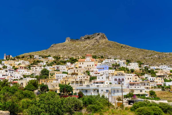 Scenic view of Panteli village with a castle on a hill, Leros island, Greece
