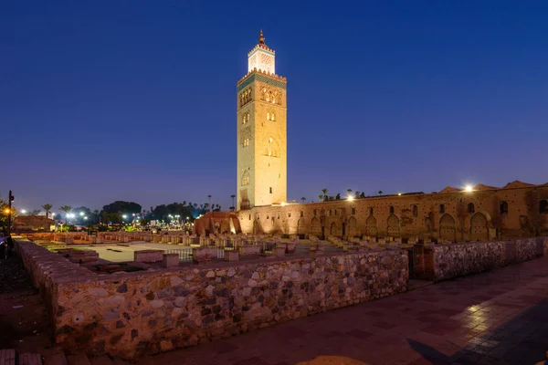 Minarett Der Koutoubia Moschee Medina Viertel Von Marrakesch Nachtsicht Marokko — Stockfoto