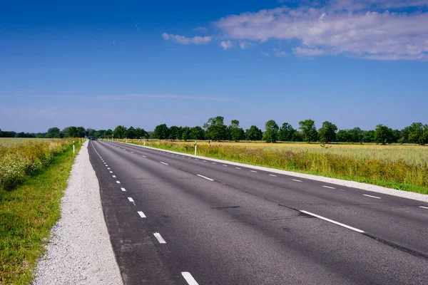Mavi gökyüzünün arka planında bulutlu asfalt yol. Estonya 'nın tipik manzarası