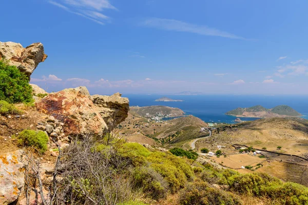 Aerial view of the island of Patmos and the coast of the Mediterranean sea, Patmos island, Dodecanese Islands, Greece