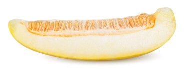İzole kavun. Beyaz arkaplanda kesme yolu ile izole edilmiş sarı kavun meyvesi dilimi